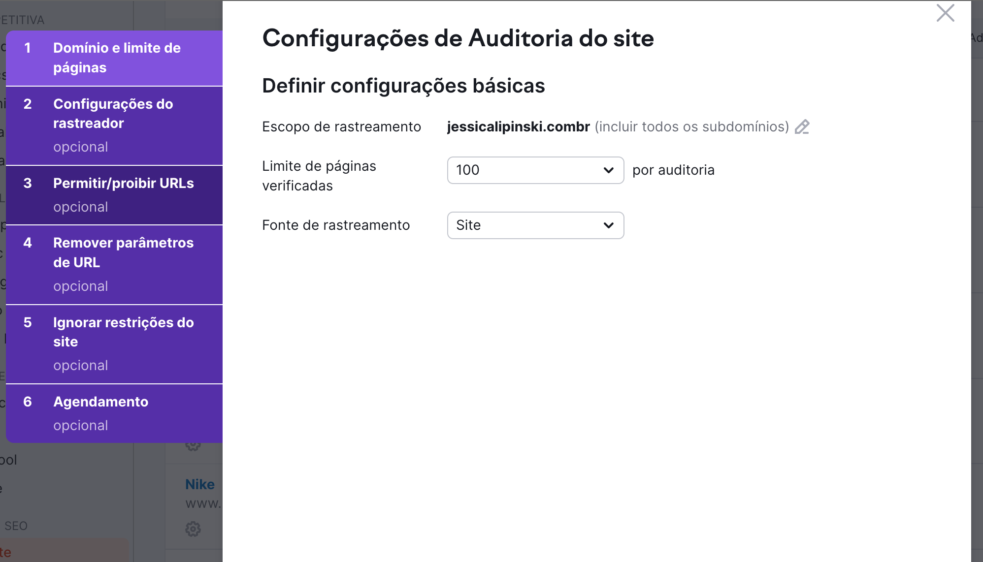 auditoria SEO: configurações de auditoria do site