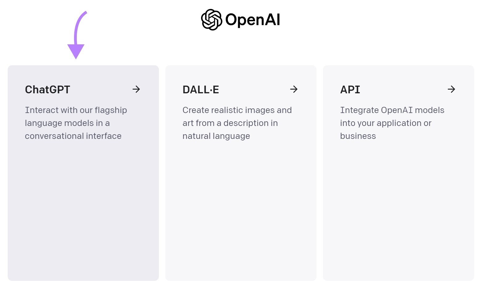 Tela de opções da plataforma do OpenAI