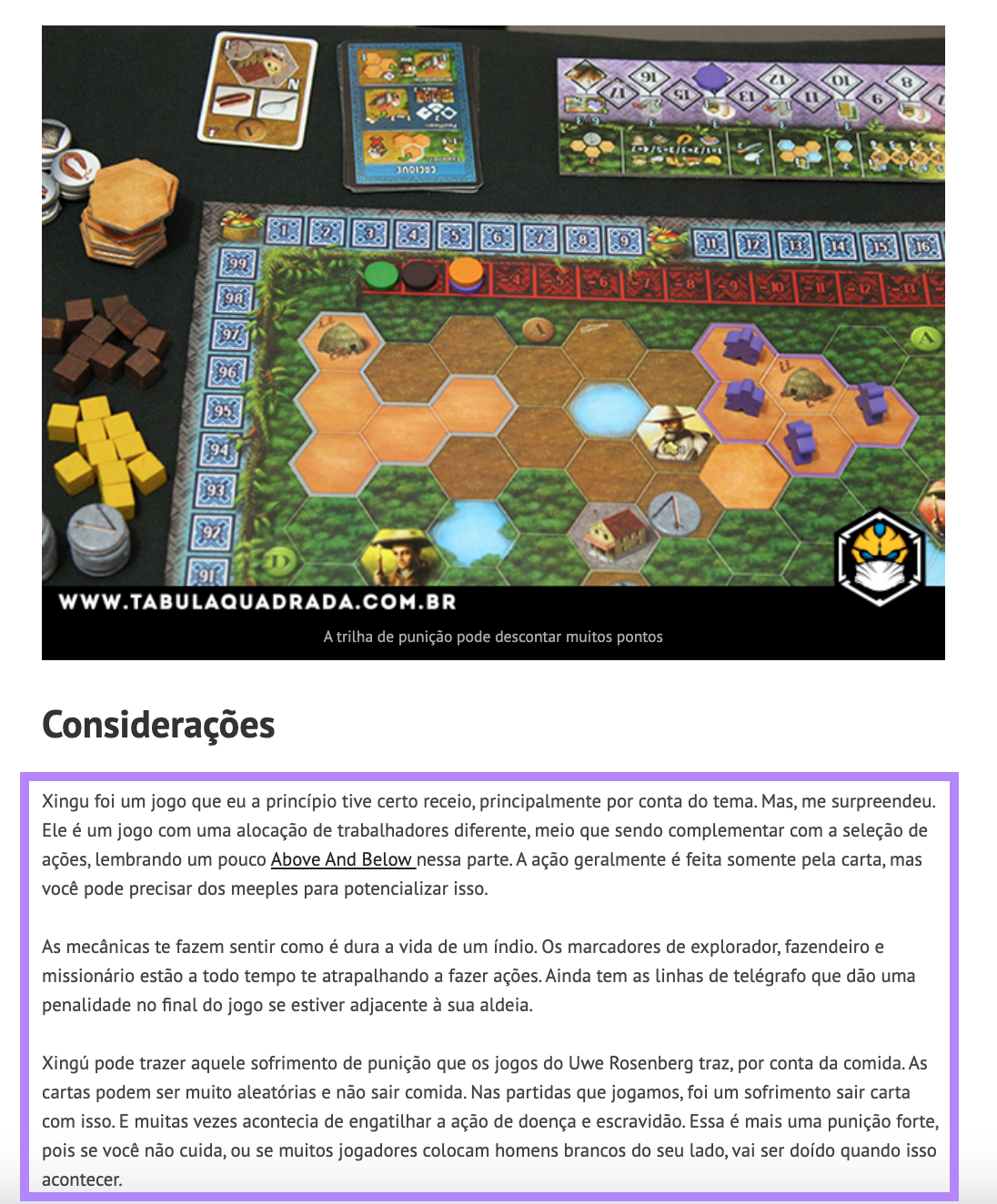 Captura de tela da análise do jogo brasileiro de tabuleiro Xingu