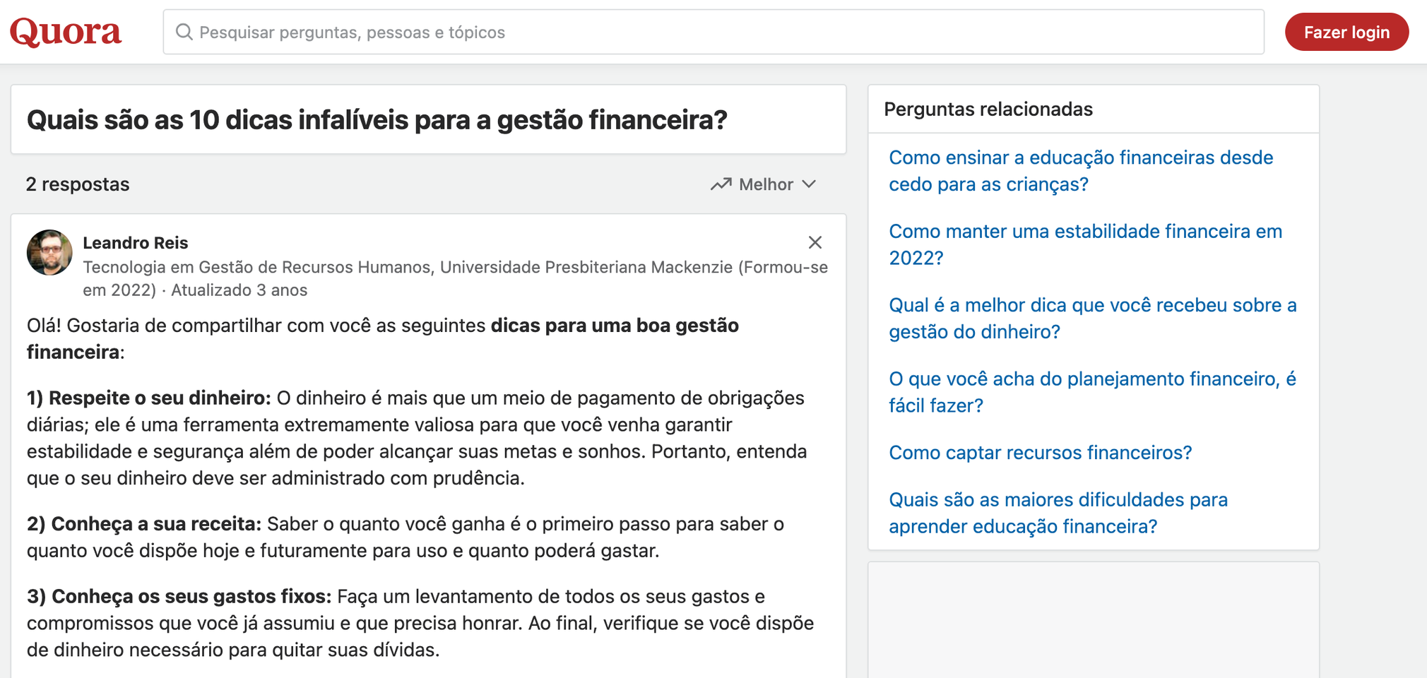 Pergunta sobre dicas para gestão financeira no fórum Quora