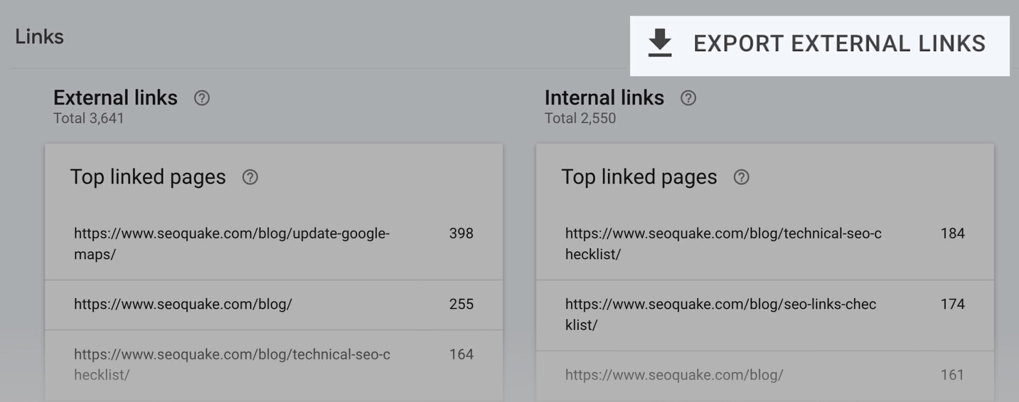 google search console - exportar links externos